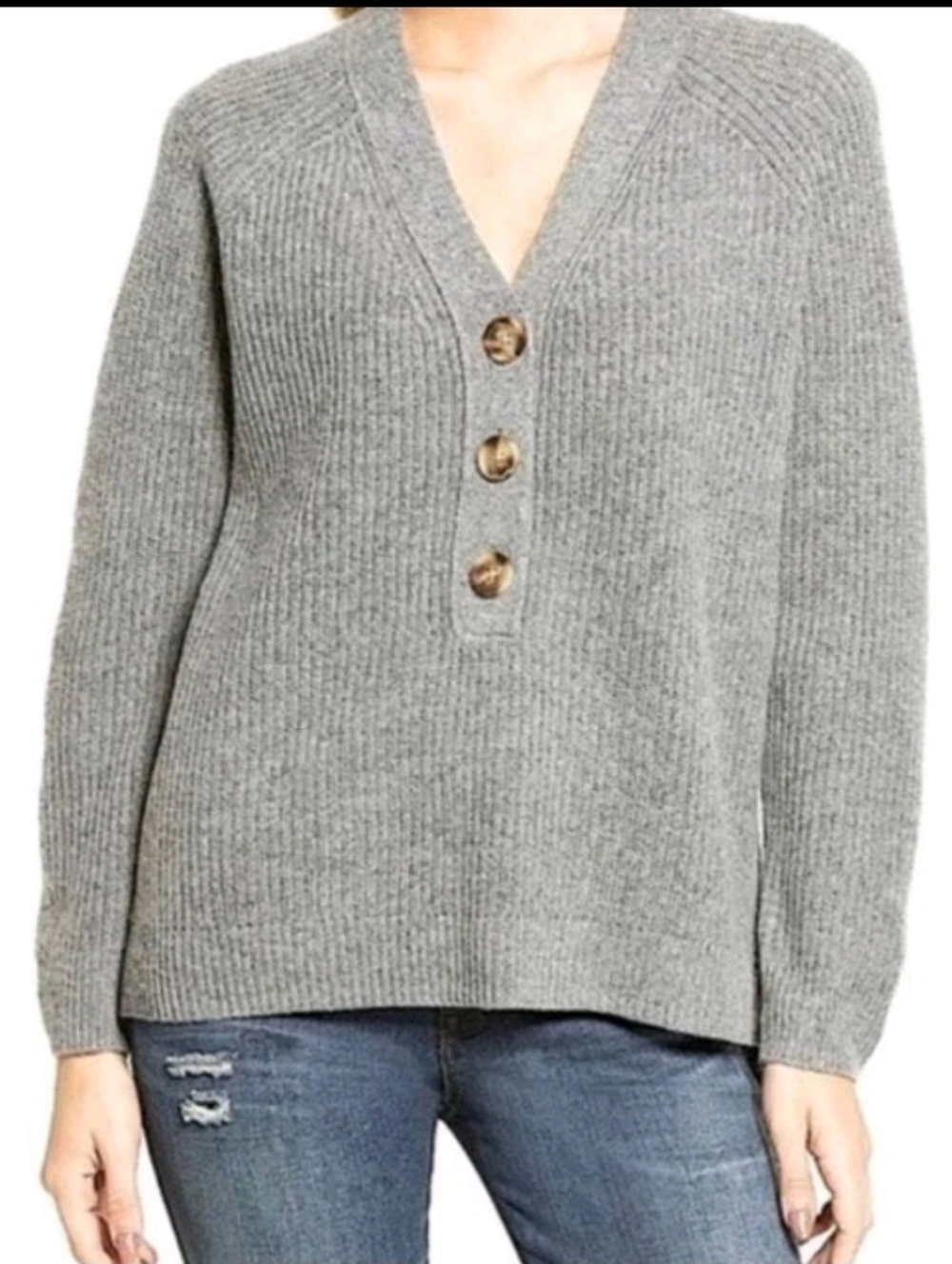 Madewell Merino Wool Gray Ribbed V-Neck Button Sweater Cardigan Scandi Classic